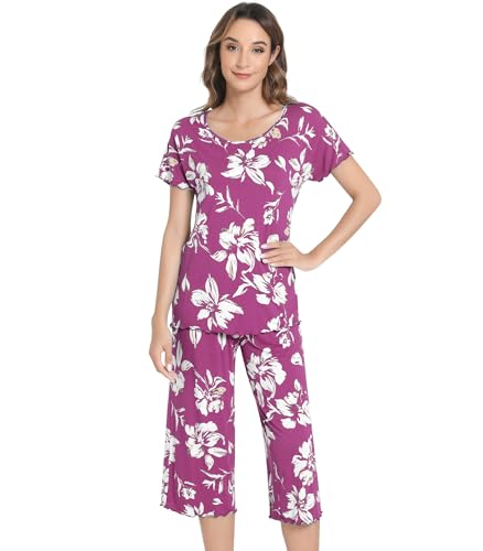 Image of NACHILA Women's Bamboo Viscose Pajama Sets Summer Cooling Short Sleeve Capri Soft Pjs Night Sweats Moisture Wicking Sleepwear