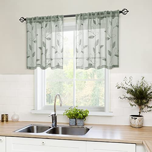 HOMEIDEAS Sage Green Sheer Kitchen Curtains 30 X 24 Inch Length 2 Panels Embroidered Leaf Pattern...