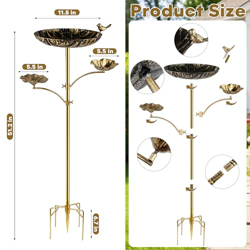 Image of 3-in-1 Triple Bowl Bird Bath Feeder Combo, Metal Birdbath for Outside | Black Gold Finish, 4-Claw Ground Stake, 11.8in Main Bowl, Two Side Bowls, Powder-Coated, For Outdoor Garden Yard