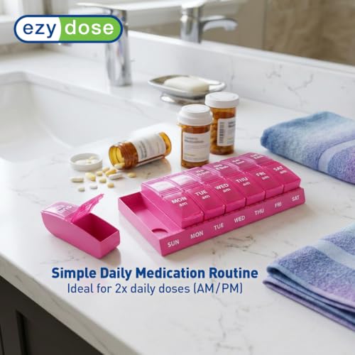 Image of Ezy Dose Weekly (7-Day) AM /PM Pill Organizer, Small Medicine Planner, Pink | Daily Vitamin & Supplement Prescription Box, Compact Pop-Out Compartments, 2 Times a Day Holder, Travel-Friendly, BPA-Free