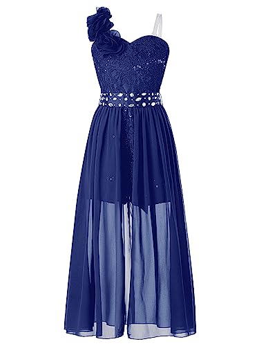 Kids Girls One Shoulder Wedding Flower Dress Sequin Lace Maxi Romper Evening Gown Dance Wear2