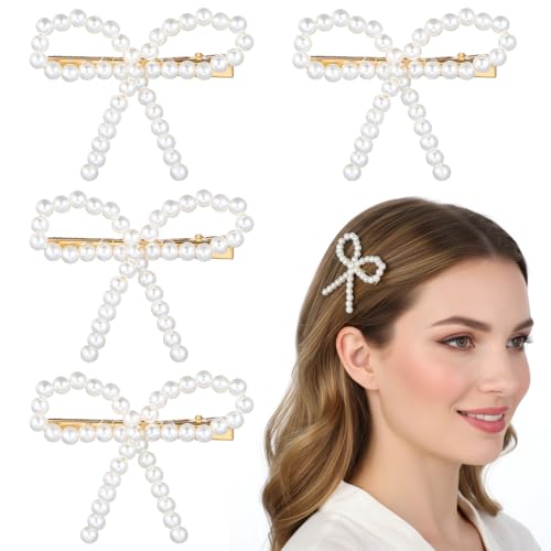 4Pcs Elegant Bow Pearl Hair Clips, Non-Slip Duckbill Clips for Wo...