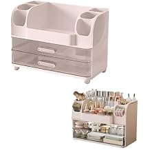 Makeup Organizer for Vanity, Makeup Organizer Countertop with Brush Holder and Drawers, Spacious Display Cabinet, Partitioned Top Compartment, Cosmetic Display Case for Beauty Essential Pink