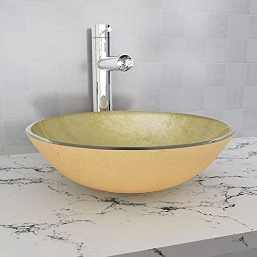 Tidyard Catherinol Lavabo Verre trempé 42 cm Doré Lavabo Vasque Salle de Bain Moderne Vasque à Poser Verre Trempé evier a Poser