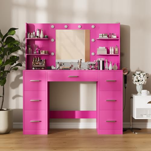 Image of Furmax Vanity Desk with Mirror, LED Lights and Power Outlet Makeup Vanity Table with 7 Drawers and 6 Storage Shelves Dressing Table for Bedroom Dressing Room (Rose Pink)