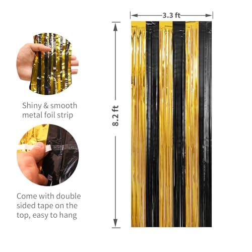 Image of Crosize 3 Pack 3.3 x 9.9 ft Black & Gold Foil Fringe Curtains Party Decorations, Black & Gold Tinsel Curtain Backdrop for Parties, Door Streamers, Glitter Streamer Backdrop for Birthday Decoration