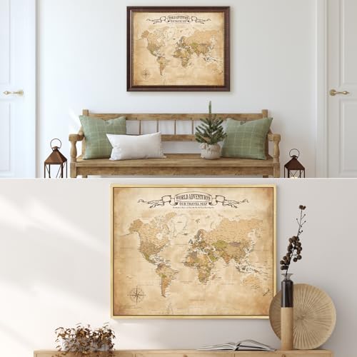 Image of DECORARTS - Personalized World Travel Map with Pins, Custom Name, Pin Board Canvas Wall Art, Antique Vintage Old World Decor, Optional Wood Frame, Giclee Print, Handcrafted in USA, 20x16''