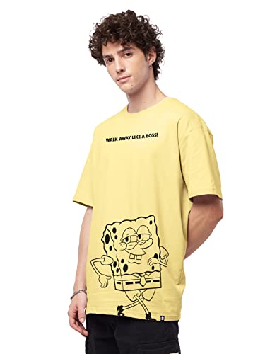 Image of The Souled Store|Official Spongebob: Like A Boss Mens and Boys T-Shirts|Loose fit Graphic Printed| 80% Cotton 20% Polyester Yellow Color Men Oversized T-Shirts