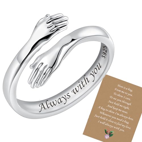 Hug Ring 925 Sterling Silver Hug Rings for Women Girls Adjustable s925 Silver Open Rings To My Daughter Granddaughter Hand Ring Jewelry for Gift Birthday (card-Always with you)