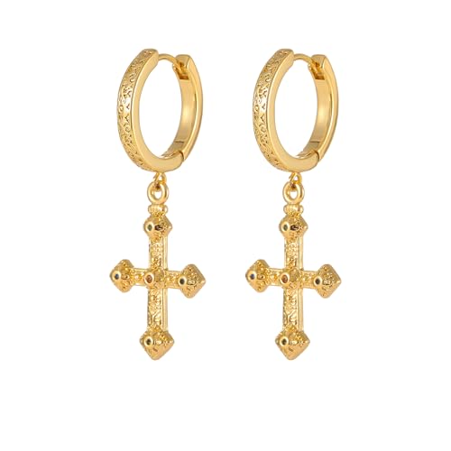 Cross Hoop Dangle Earrings 18K Gold-tone Plated Cubic Zirconia Earrings Lightweight Cross Dangle Drop Earrings for Men Women Hypoallergenic(EA002-B)