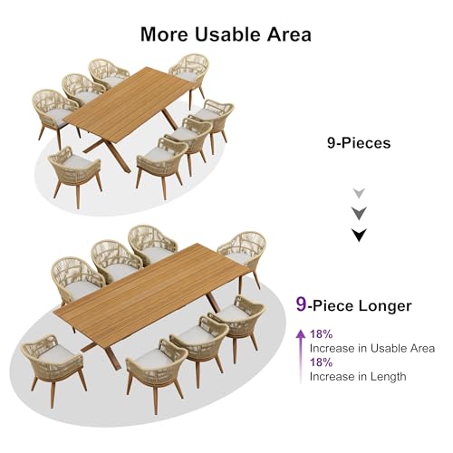 Image of PURPLE LEAF 9 Piece Longer Patio Dining Set with Outdoor Aluminium Dining Table and Woven Chairs Modern Metal Furniture Cushions Sets for Garden Yard Indoor Decor Kitchen Teak