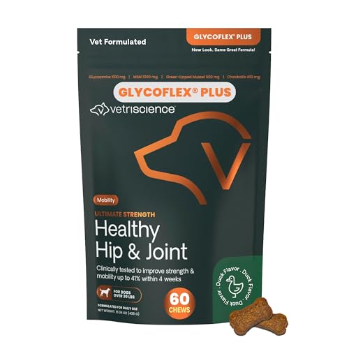 VetriScience Ultimate Strength Healthy Hip & Joint Chews, GlycoFlex Glucosamine, Chondroitin and Green-Lipped Mussel Joint Support Supplement for Dogs, Soothe Joint Discomfort, Duck, 60 Count