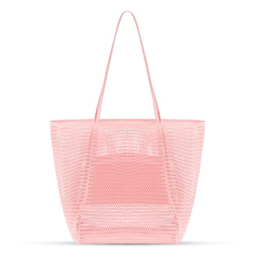 Tavaleu Mesh Beach Bag, Large Beach Bags for Women - Woven Straw Tote Bag Waterproof with Inner Pocket, Foldable Waterproof Pool Bag for Swimming Gym Grocery Travel, Pink