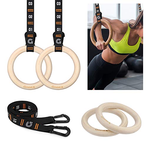 Gonex Gymnastic Rings with Adjustable Number Straps, Crossfit Rings for Gym, Workout, Exercise, Outdoor Training, Quick Install Carabiner, 8.5 ft Straps Pull Up Non-Slip Rings