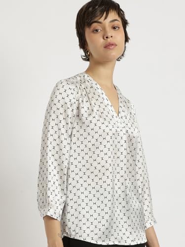 Image of FableStreet Women Formal & Casual Top | V-Neckline with Gathered Back Detail & Three-Quarter Sleeves | Premium Satin Fabric for Office Wear & Sophisticated Outings