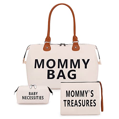 Image of Mommy Bag for Hospital, Labor and Delivery, Large Capacity, Pink Diaper Bag Tote with 2 Organizer Pouches for Baby Girl Waterproff Creamy White
