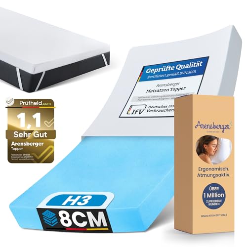 Arensberger Matratzen Topper 140x200cm | Höhe 8cm Premium | Härtegrad H3 | Geltopper Matratzentopper mit waschbarem Bezug | kühlende...