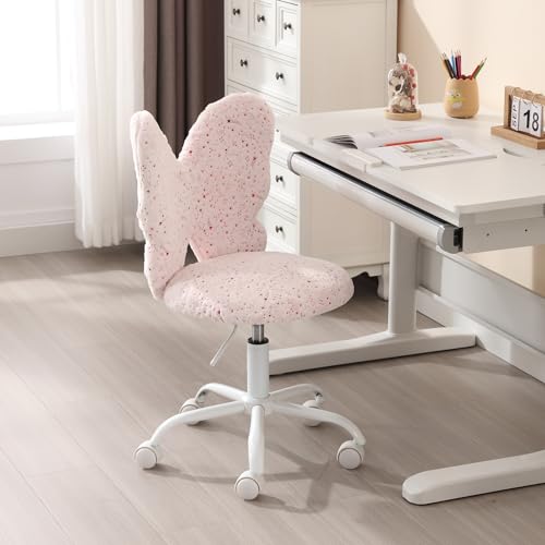 Image of Kmax Kids Desk Chair, Faux Fur Butterfly Chair with Wheels Adjustable Fuzzy Kids Office Chair Cute Swivel Childrens Chair for Bedroom Reading Room - Pink