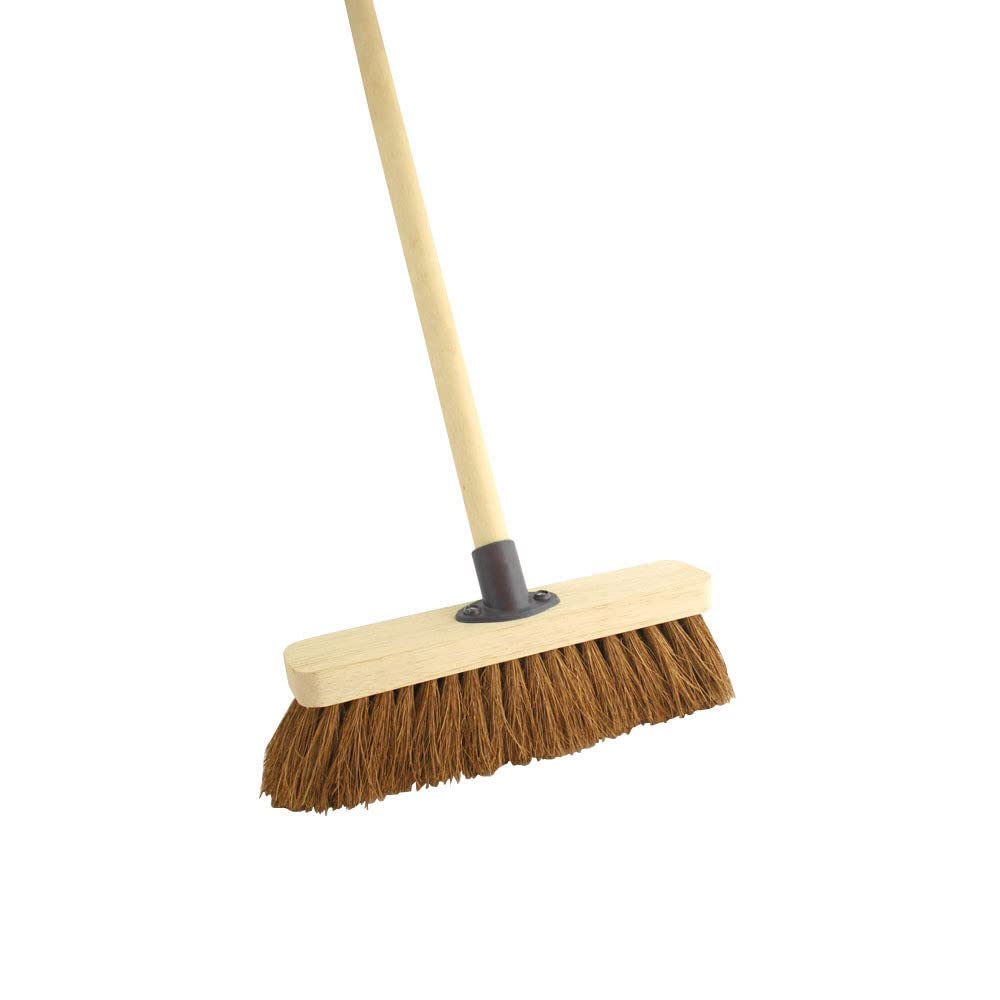 12" Soft Coco Broom Head with Handle Wooden Outdoor Garden Yard Cleaning Sweeping Brush