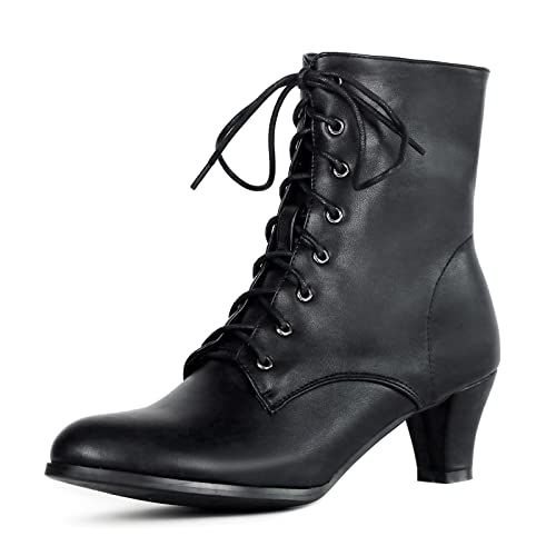COOLCEPT Damen Vintage Viktorianisch Stiefel Schnüren Ankle Stiefel Almond Toe Mid Heel Steampunk Stiefeletten Reißverschluss Black Große 38