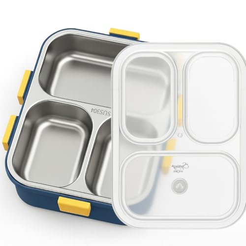 Image of La' Forte Spring Bento Lunch Box | 900 ml | 3-Compartment | 304 Stainless Steel Inner | Leak-Resistant Lid | Microwave-Friendly | School & Office Tiffin | Pink /Blue (Blue)