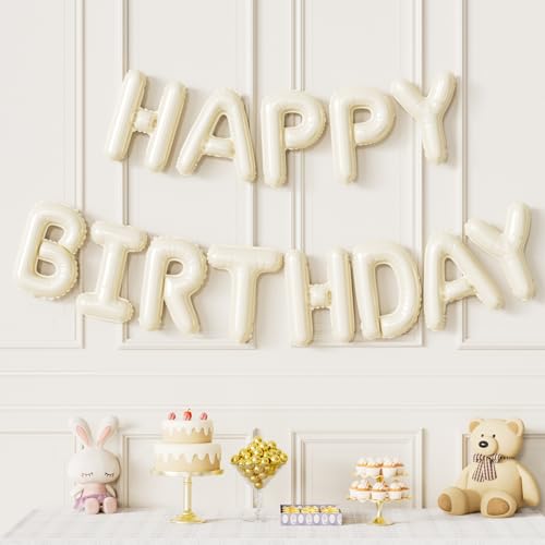 Image of Cream Happy Birthday Balloon Banner, 16 Inch Cream White Happy Birthday Foil Balloons, Neutral Beige Letter Balloons Sign for Women and Girls, HBD Party Decorations, Photo Backdrop Supplies
