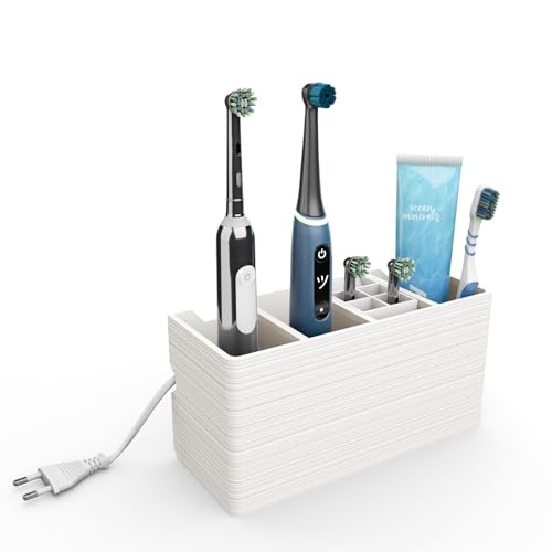 Zahnbürstenhalter mit Kabelmanagement für elektrische Zahnbürsten, versteckt Kabel, 24,3 x 9,3 x 11,5 cm, mit Kabelintegration, 4 Fächer, Wandmontage oder freistehend (weiß, 4 Fächer)