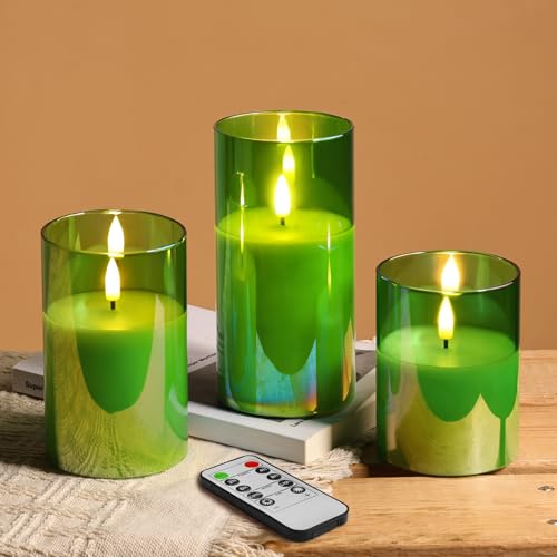 Eywamage Grün Glas Flammenlose Kerzen mit Fernbedienung, Batterie LED Stumpenkerzen 3 Stück