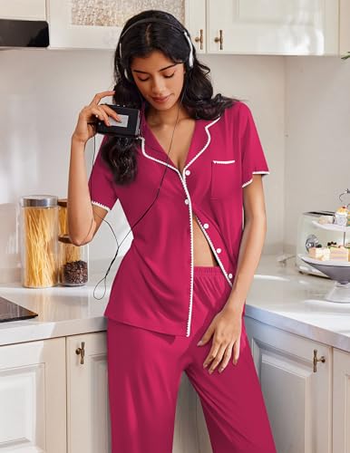 Image of Ekouaer Pajamas for Women Set Button Up Soft Pjs Short Sleeve 2 Piece Lounge Sets Comfy Sleepwear