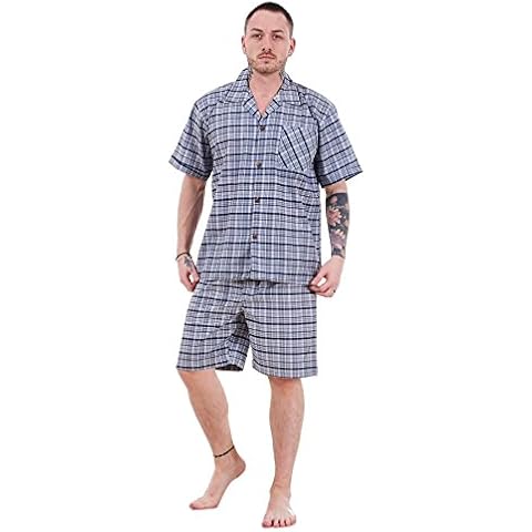 Mens Yarn Dyed Woven Pyjama Set Regular Big Size Check Cotton Blend Shorty M-5XL Grey Cover