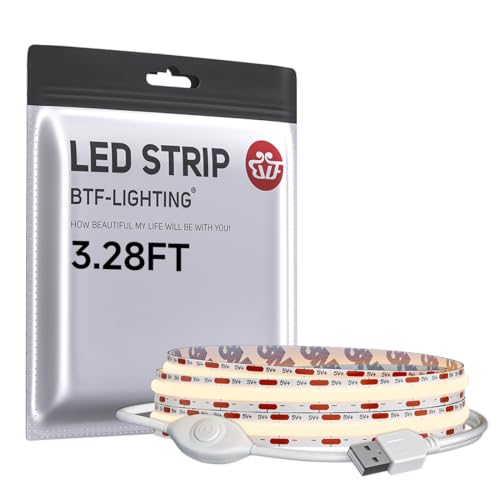 Image of BTF-LIGHTING FCOB COB LED Strip Lights 5V USB Powered Warm White 3000K | 3.28FT 320LEDs CRI90+ Dimmable Super Bright LED Light with 3M Tape for TV Backlight PC 3D Printer Cabinet Home DIY Lighting