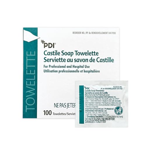 PDI Castile Soap Towelette 1 Box of 100 Individually Wrapped 7.7x5 Wipes Gentle Soap Cleansing Towelettes for Personal Hygiene Hand & Facial Cleaning Travel & Patient Care