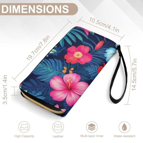 Travel Purse Fashion Design, Huge Storage Capacity Wallet With Rope, Cute Decor Purse, Long PU Zipper Wallet Hawaiian Colorful Hibiscus Flowers Tropical Palm Tree Leaves2