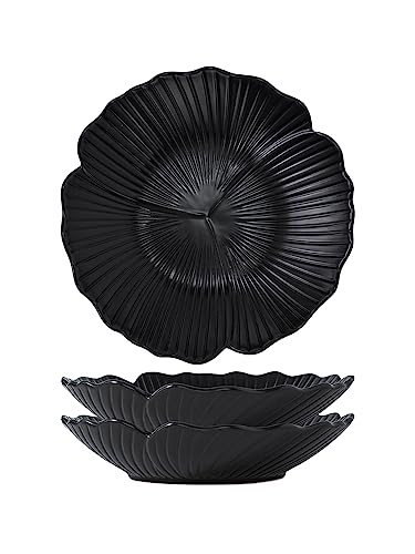 Jusalpha Set of 3-Japanese Style Flower Petal Shaped Porcelain Dinner Plates, Versatile Circular Serving Plates for Breakfast, Salad, Steak Dinner, PL019 (10 Inches, Black)