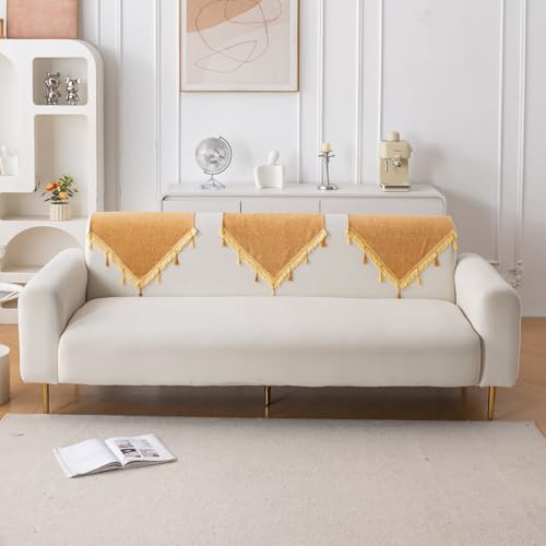 Image of HOKIPO 'Serenity Tassel' Chenille Sofa Back Cover with Tassels - 1 Pc Sunlit Amber (IN-894-GLD)