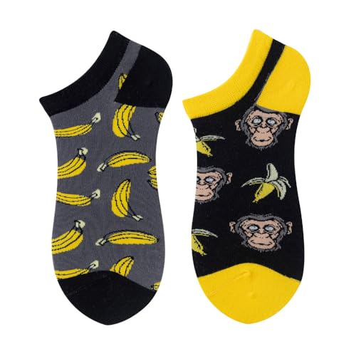 NxnChc Calcetines Cortos Divertidos Unisex Para Mujer Y Hombre Con Diseños Asimétricos En Par - Temas Plátanos de Orangután Animales, Comida, Fruta, Deporte Y Arte En Algodón - Ideal Para Regalos