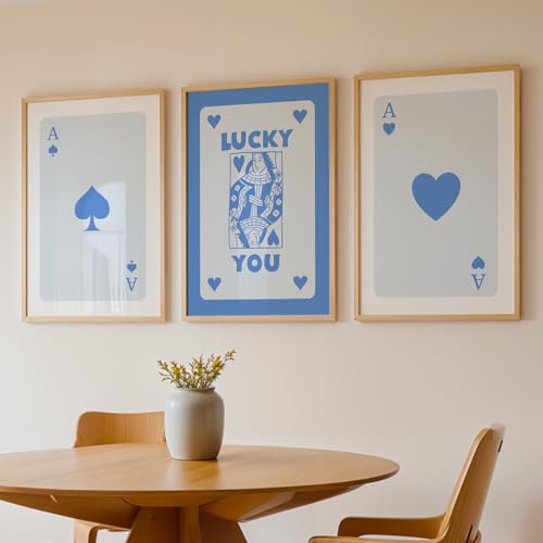 Image of NoWorries Modern Blue Playing Cards Wall Framed Painting Set | Lucky Card Art and Ace of Hearts Prints | Premium 300 GSM Paper Print with Synthetic Wooden Frame | Aesthetic Wall Decor for Hotel, Cafe, Bar, Living Room & Bedroom (Pattern-illustration) (Set of 3) (NATURAL, ART-6, 10X13INCHES)