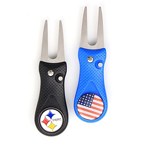 smtfcty Golf-pitchvork, 2 stuks, opvouwbare roestvrijstalen divot-vorken met afneembare balmarkers, golfbaantoestellen, putting green reparatieset (zwart blauw)