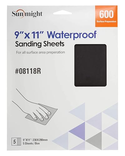 Sunmight 9" X 11" 600 Grit Sandpaper Sheets - Waterproof Sand Paper with Aluminum Oxide Grain & Latex Paper Backing for All Surface Area Preparation - Polishing Sheets (Pack of 5)