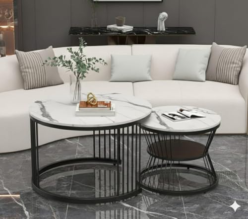 Image of Roldo Modern Nesting Coffee Table Set of 2 for Living Room, Round Coffee & Side Table with Metal Frame and Marble Finish MDF Top, Center Table for Sofa, Home Decor Office & Apartment (Black White)