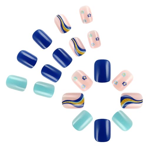 24 uñas postizas cortas a presión con flores, uñas acrílicas azules, espirales, cubiertas completas, uñas adhesivas para mujer