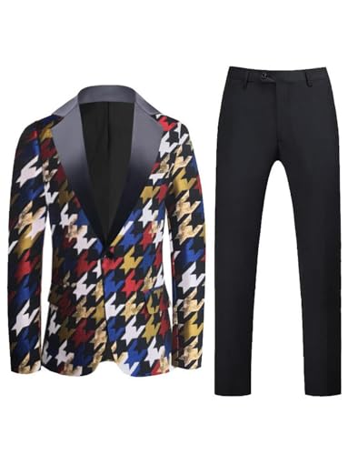 WQHSY Men's Suit Houndstooth Two-Piece Slim Notch Lapel Tuxedos Jacket Pants for Party Dinner Performance