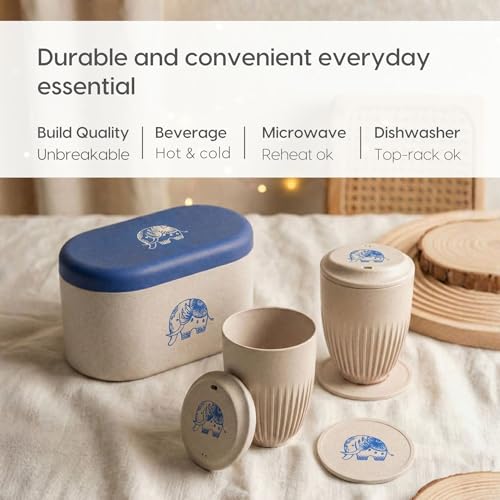 Image of Eha Earth-Friendly Wedding Gifts for Couple | Gifts Made with Rice Husk Biocomposite | Elephant Printed Mug and Coasters Set of 2, Keychain, Loopac Box | 350 ml | Sand Castle