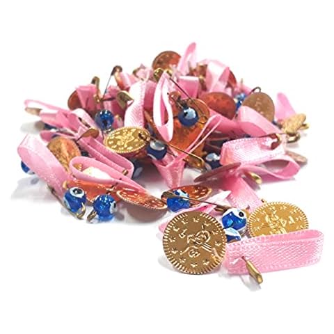 Perlin Pack of 100 Nazar Boncuk Blue Eye Evil Eye with Enamelled Metal Coin Beads Tugra Safety Pin and Cord Evil Eye Lucky Charm for Gift Wedding (Pink), 7 x 5 mm Nazar Auge Cover