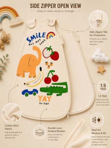 Image of TuddyBuddy Baby Cotton Wearable Quilted Sleeping Bag Blanket 1.5 Tog with 1 Way Zipper Closure | Ideal for Babies & Kids Hypoallergenic Fabrics | (Smiley Elephant - Beige, 18-24 Months)