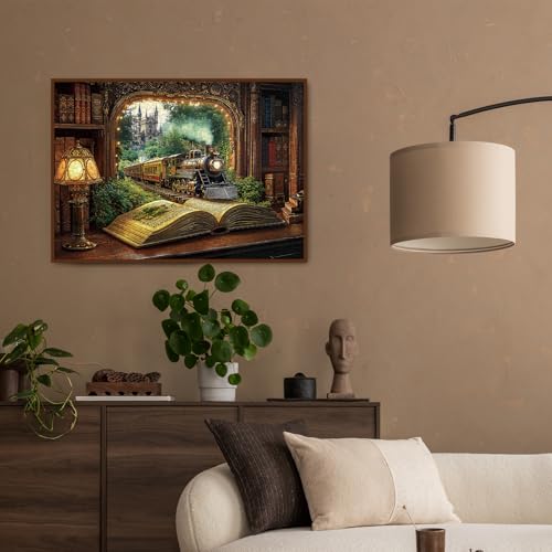 Rompecabezas BBOLDIN Tren Bosque Libro 1000 piezas para adultos, Puzzle vintage mágico de plantas, castillo, estantería de fantasía, naturaleza y árboles miniatura 5