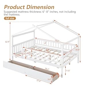 Full Size Bed Frame for Kids, Wood House Bed with 2 Drawers, Montessori Platform Bed with Roof and Fence for Boys Girls, White, 79.5''L x 57''W x 62.9''H Full Size Bed Frame for Kids Wood House Bed with 2 Drawers Montessori Platform Bed with Roof and Fence for Boys Girls White 795L x 57W x 629H