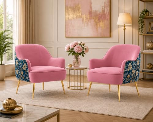 Image of Velvet Chair with Pillow for Home | Modern Accent Armchair in Soft Velvet Fabric with Golden Legs | Premium Accent Chair for Living Room Bedroom Restaurent | (Pink, Big Zara)