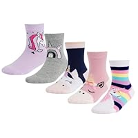 CHUNG Little Big Girls Cotton Socks Kids Toddler Crew Novelty Cat Pattern Fashion Cartoon Cute 5 Pairs Fun Animals,5 Unicorn Front, 3-5Y