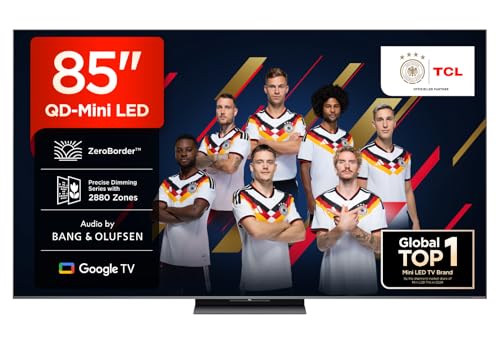 TCL 85Q8C 85 Zoll QD-Mini LED Fernseher, 4K HDR Premium 5000, ZeroBorder, Smart Google TV, CrystGlow WHVA-Panel, Audio von Bang und Olufsen, 144Hz Motion Clarity Pro, Dolby Vision IQ und Atmos